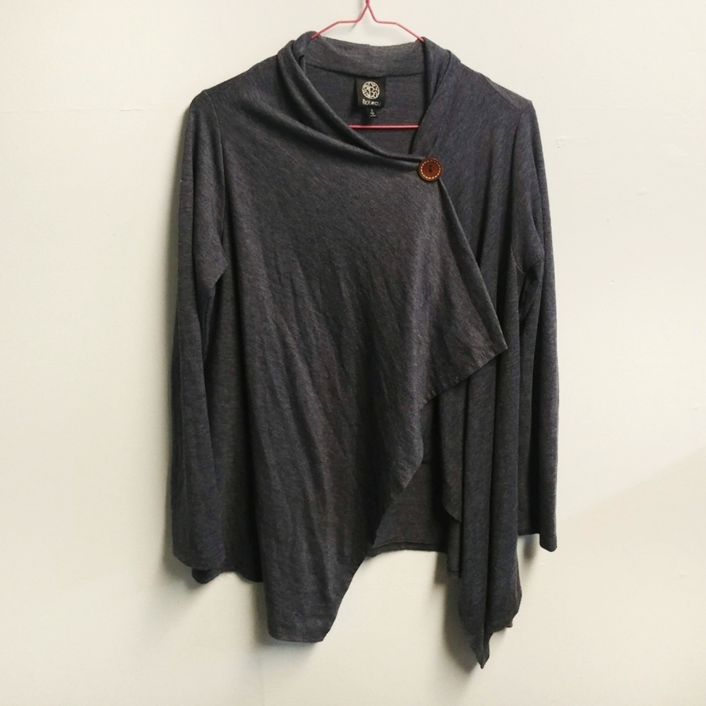 Bobeau Womens Cardigan Sweater One Wooden Button Wrap Blue Brown Cozy S